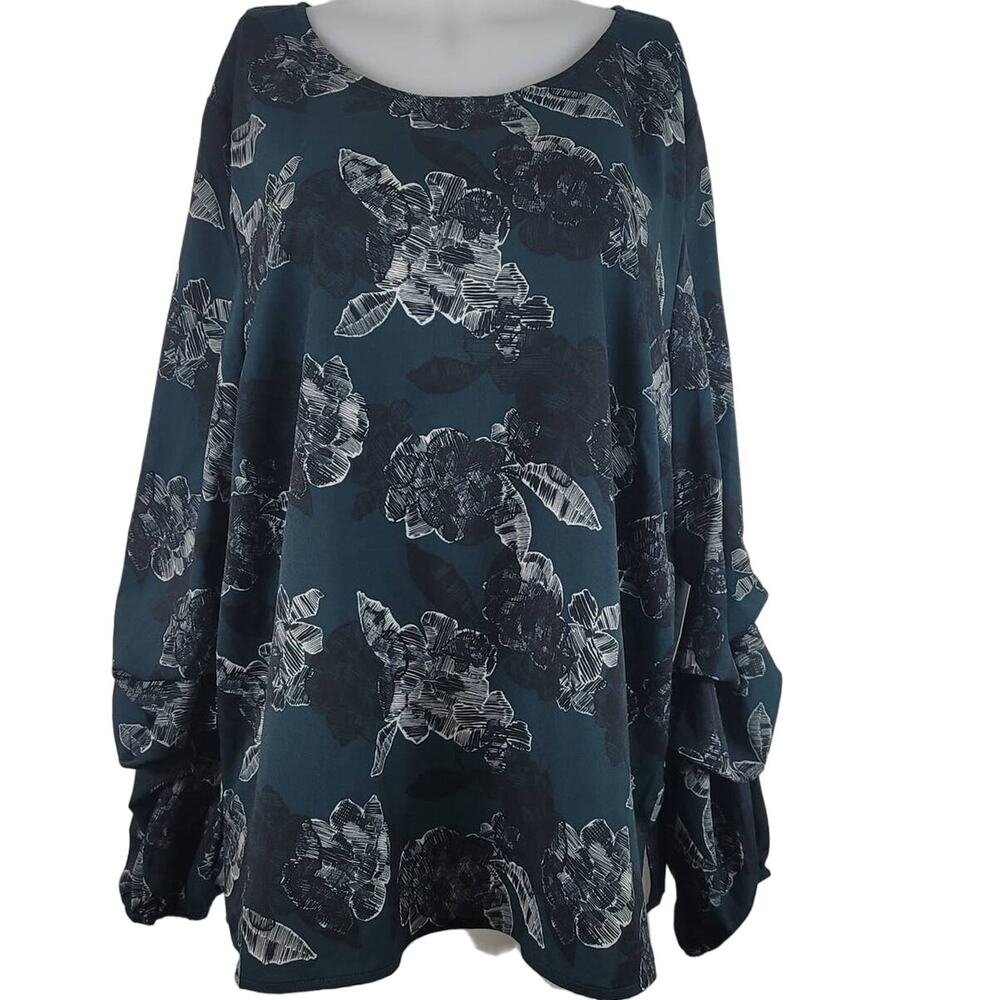 Eloquii Green Black Floral Vacation Work Business Women's Blouse 16 NWT
